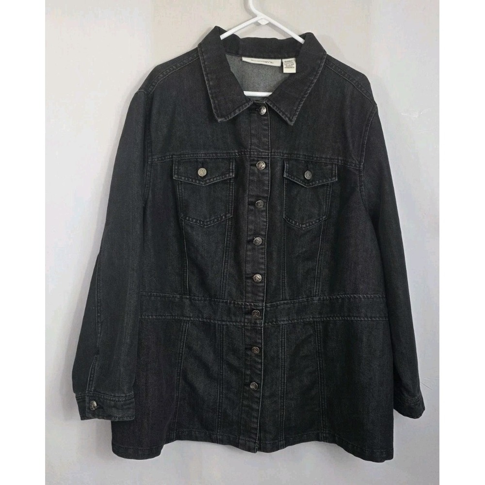 Roamans Womens 24W Black Denim Jacket Long Line Stretch Plus Size Semi-Fitted